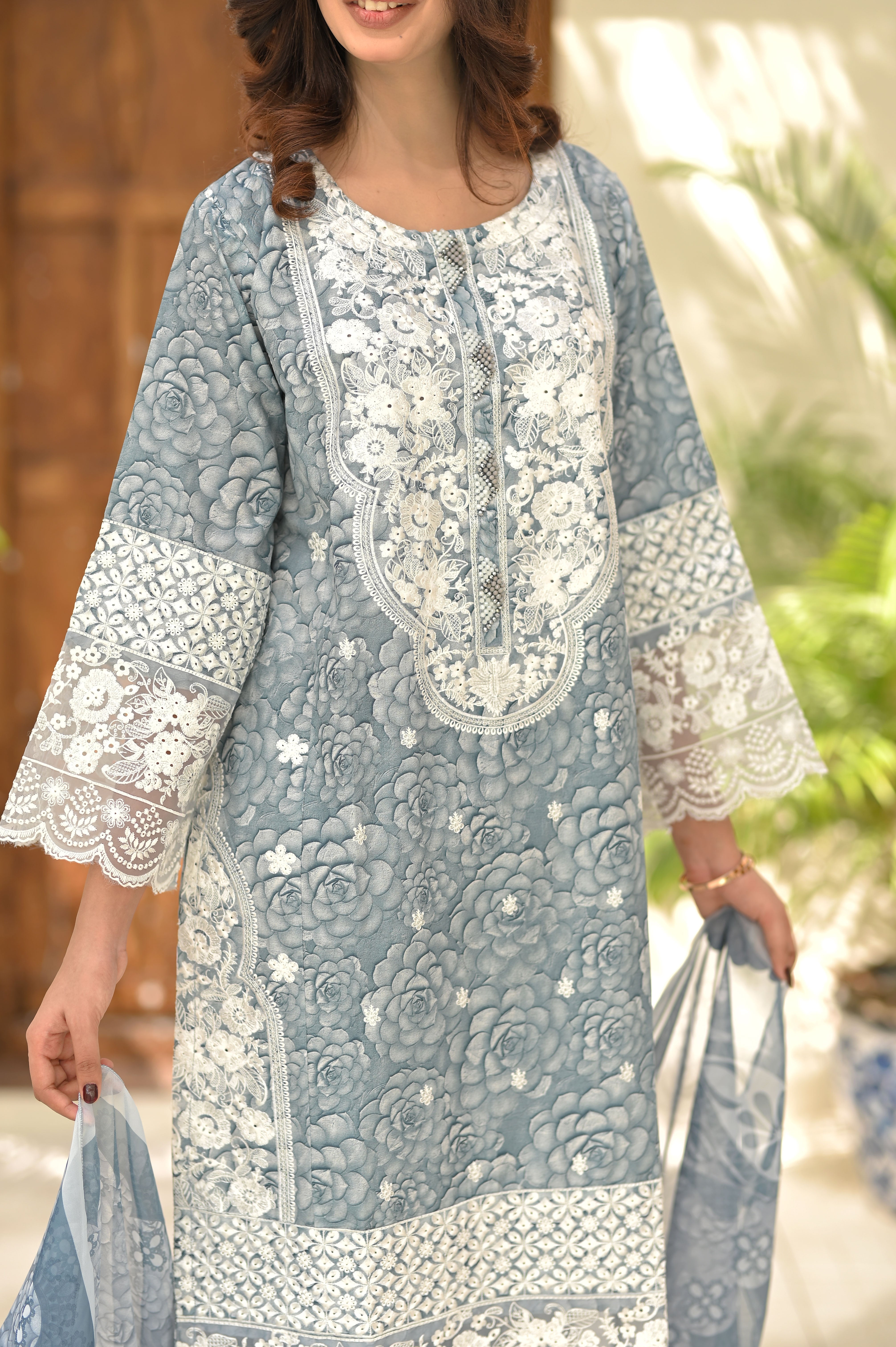 3PC Summer Cotton Embroidered Suit