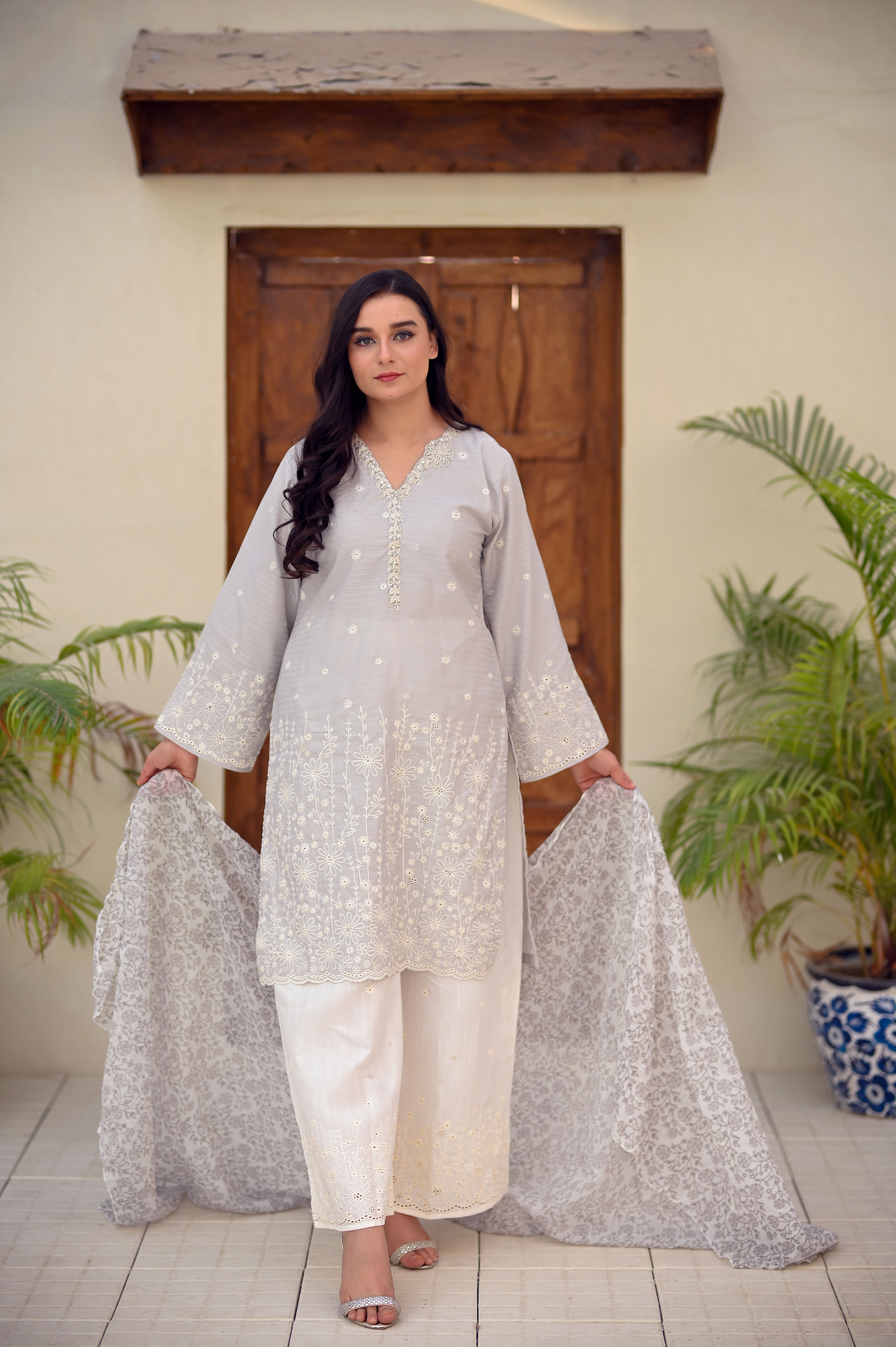 Self-Design PV Cotton Embroidered Suit