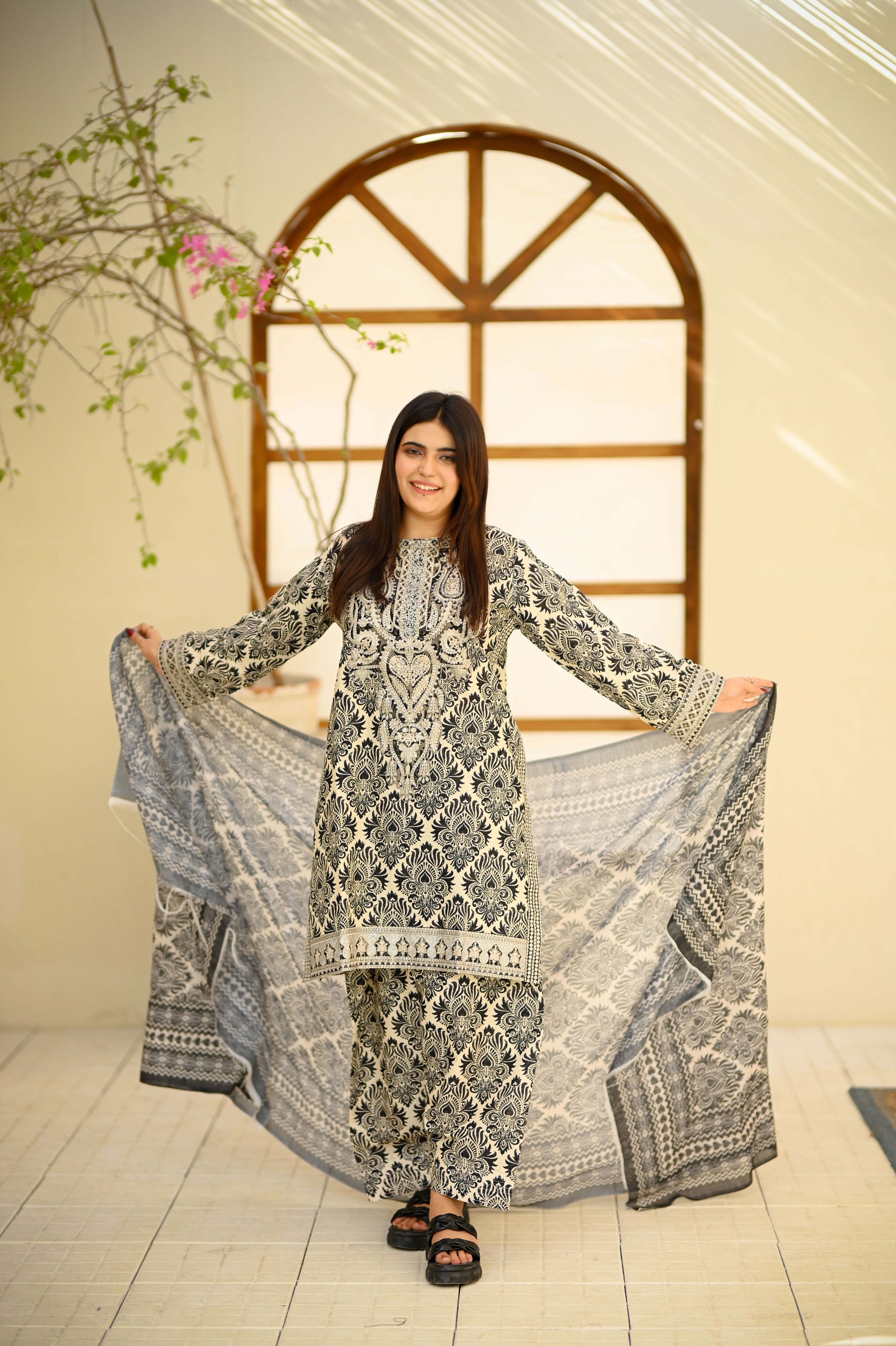 Printed Cotton Embroidered 3-Piece Suit