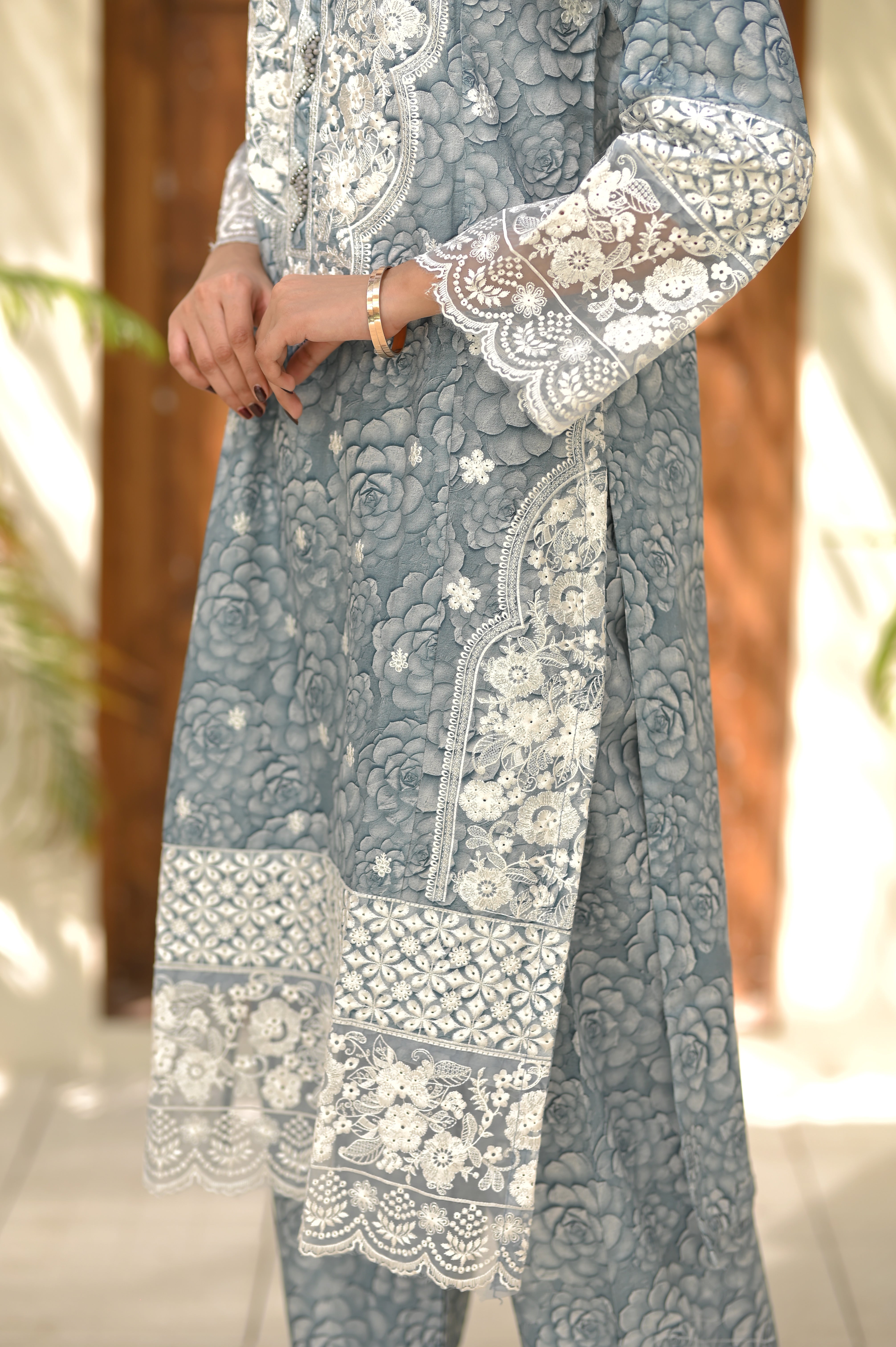 3PC Summer Cotton Embroidered Suit