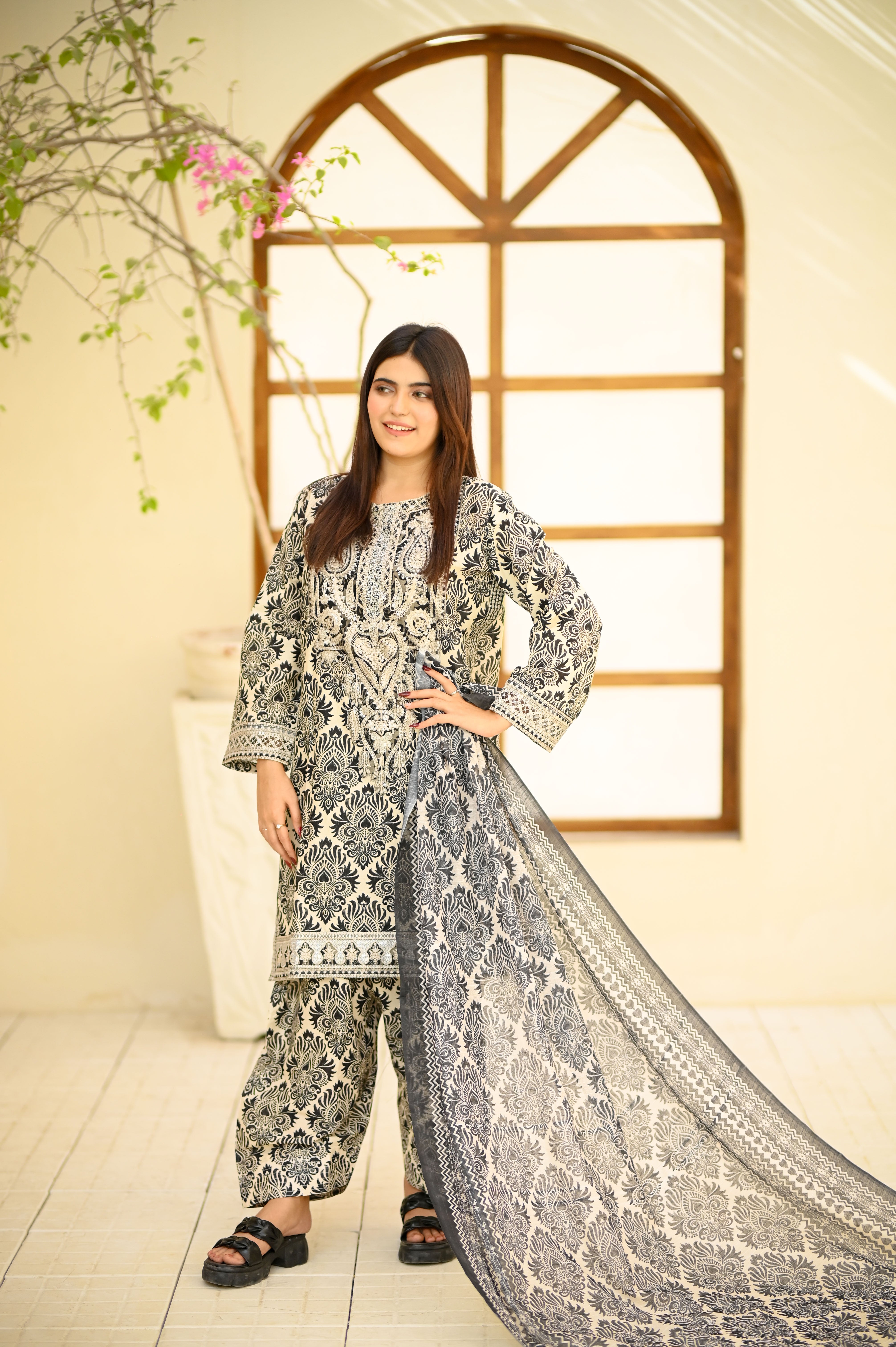 Printed Cotton Embroidered 3-Piece Suit