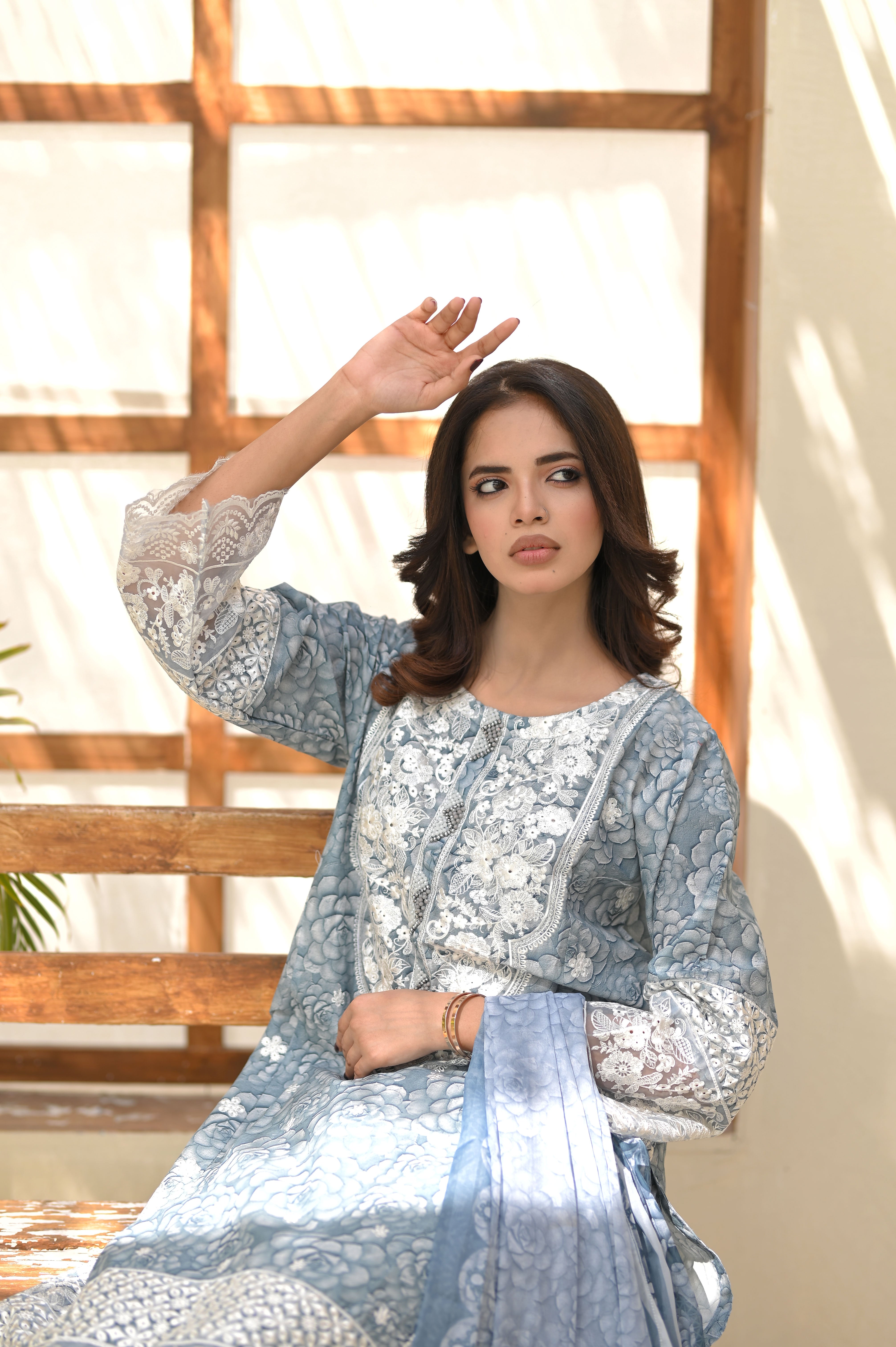 3PC Summer Cotton Embroidered Suit
